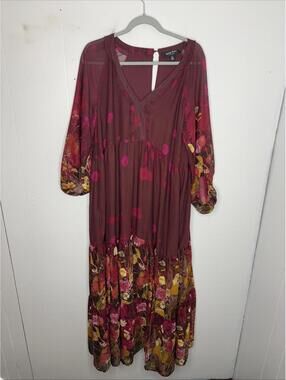 Arna York Dress Women 16 Burgundy Floral Lined Date Church Peasant Hippie tiered